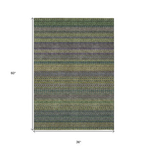 Homeroots 2' Artichoke Green Striped Washable Indoor Outdoor Runner Rug - Stylish, Stain-resistant Design 3' X 5' Polyester 560756