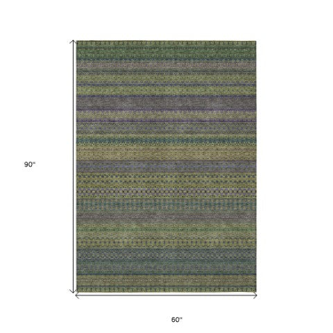 Homeroots 2' Artichoke Green Striped Washable Indoor Outdoor Runner Rug - Stylish, Stain-resistant Design 5' X 8' Polyester 560757