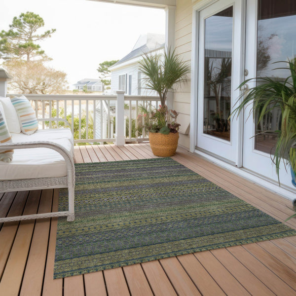 Homeroots 2' Artichoke Green Striped Washable Indoor Outdoor Runner Rug - Stylish, Stain-resistant Design 5' X 8' Polyester 560757