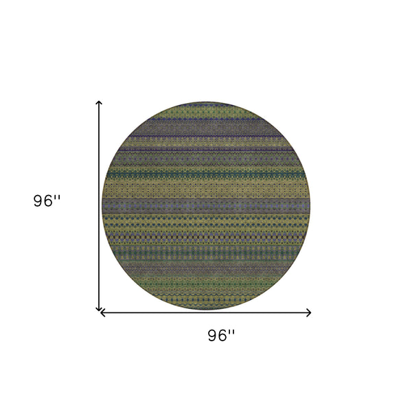 Homeroots 8' Round Olive Green Round Striped Washable Non Skid Indoor Outdoor Area Rug Olive Polyester 560758