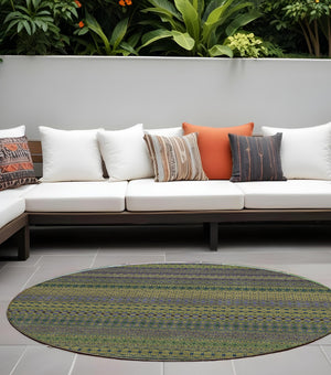 Homeroots 8' Round Olive Green Round Striped Washable Non Skid Indoor Outdoor Area Rug Olive Polyester 560758