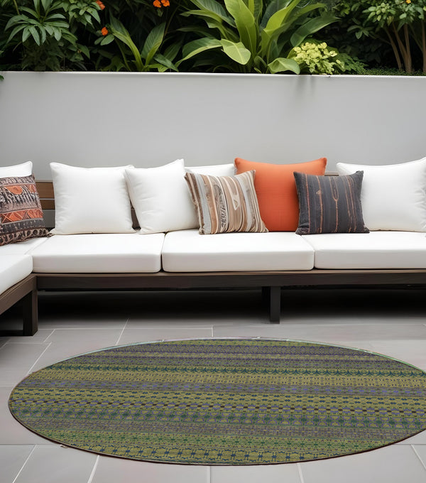 Homeroots 8' Round Olive Green Round Striped Washable Non Skid Indoor Outdoor Area Rug Olive Polyester 560758