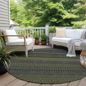 Homeroots 8' Round Olive Green Round Striped Washable Non Skid Indoor Outdoor Area Rug Olive Polyester 560758
