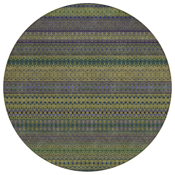 Homeroots 8' Round Olive Green Round Striped Washable Non Skid Indoor Outdoor Area Rug Olive Polyester 560758
