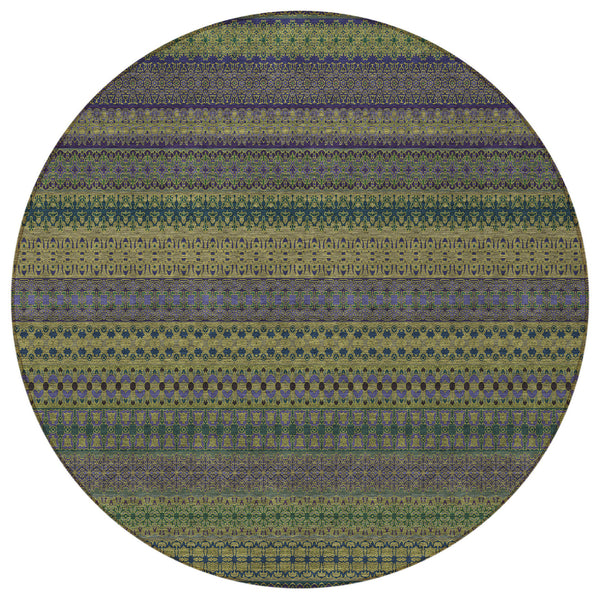 Homeroots 8' Round Olive Green Round Striped Washable Non Skid Indoor Outdoor Area Rug Olive Polyester 560758