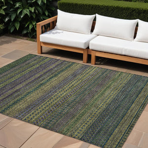 Homeroots 9' X 12' Olive Green Striped Washable Non Skid Indoor Outdoor Area Rug Olive Polyester 560760