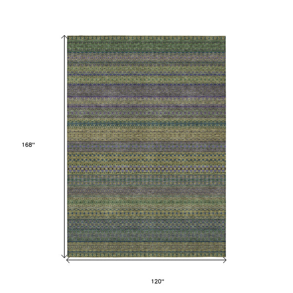 Homeroots 10' X 14' Olive Green Striped Washable Non Skid Indoor Outdoor Area Rug Olive Polyester 560761