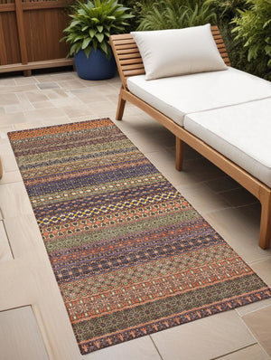 Homeroots 2' Artichoke Green Striped Washable Indoor Outdoor Runner Rug - Stylish, Stain-resistant Design Paprika Polyester 560763