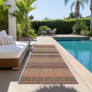 Homeroots 2' Artichoke Green Striped Washable Indoor Outdoor Runner Rug - Stylish, Stain-resistant Design Paprika Polyester 560763