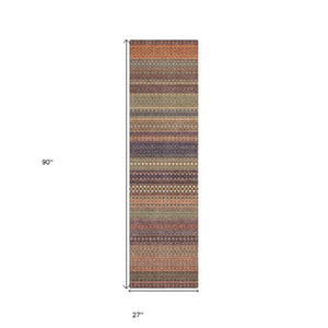 Homeroots 2' Artichoke Green Striped Washable Indoor Outdoor Runner Rug - Stylish, Stain-resistant Design Paprika Polyester 560763