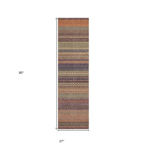 Homeroots 2' Artichoke Green Striped Washable Indoor Outdoor Runner Rug - Stylish, Stain-resistant Design Paprika Polyester 560763