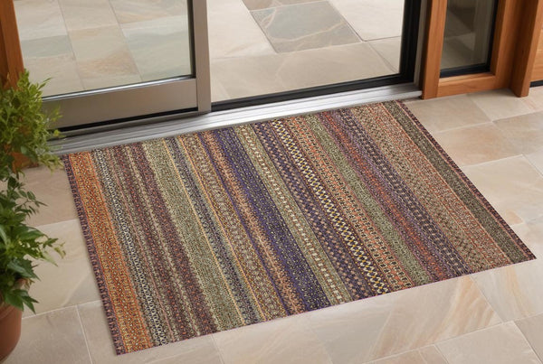 Homeroots 2' Artichoke Green Striped Washable Indoor Outdoor Runner Rug - Stylish, Stain-resistant Design 3' X 5' Polyester 560765