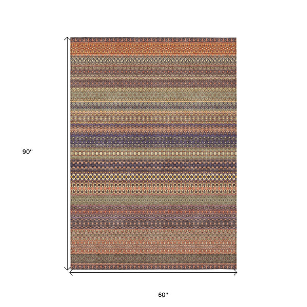 Homeroots 5' X 8' Orange Striped Washable Non Skid Indoor Outdoor Area Rug Paprika Polyester 560766