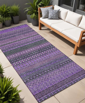 Homeroots 2' Artichoke Green Striped Washable Indoor Outdoor Runner Rug - Stylish, Stain-resistant Design Purple Polyester 560772