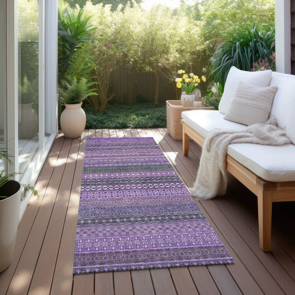Homeroots 2' Artichoke Green Striped Washable Indoor Outdoor Runner Rug - Stylish, Stain-resistant Design Purple Polyester 560772