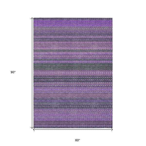 Homeroots 5' X 8' Purple Striped Washable Non Skid Indoor Outdoor Area Rug Purple Polyester 560775