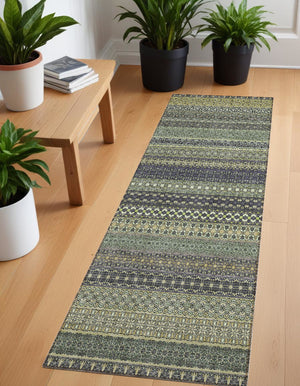 Homeroots 8' Runner Sage Striped Washable Non Skid Indoor Outdoor Runner Rug Sage Polyester 560781