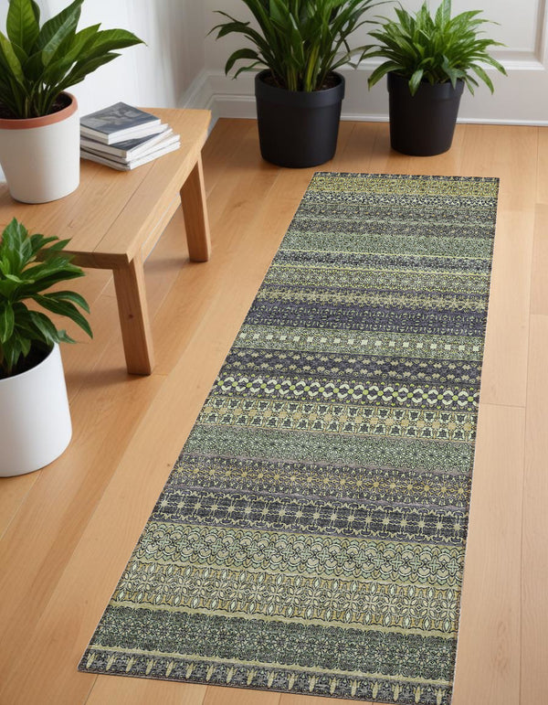 Homeroots 8' Runner Sage Striped Washable Non Skid Indoor Outdoor Runner Rug Sage Polyester 560781