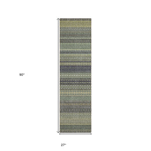 Homeroots 8' Runner Sage Striped Washable Non Skid Indoor Outdoor Runner Rug Sage Polyester 560781