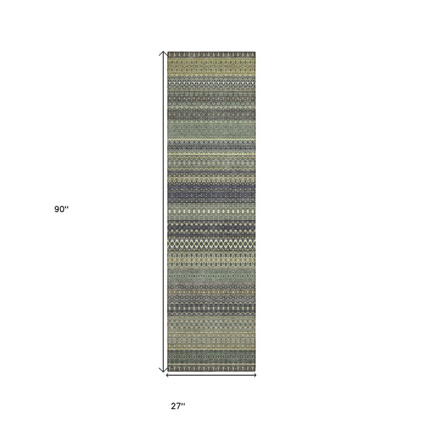 Homeroots 8' Runner Sage Striped Washable Non Skid Indoor Outdoor Runner Rug Sage Polyester 560781