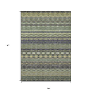 Homeroots 5' X 8' Sage Striped Washable Non Skid Indoor Outdoor Area Rug Sage Polyester 560784