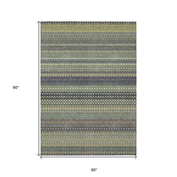 Homeroots 5' X 8' Sage Striped Washable Non Skid Indoor Outdoor Area Rug Sage Polyester 560784