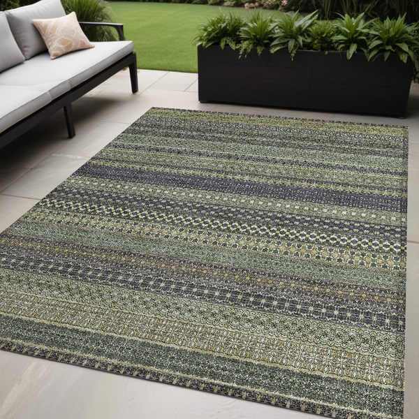 Homeroots 5' X 8' Sage Striped Washable Non Skid Indoor Outdoor Area Rug Sage Polyester 560784