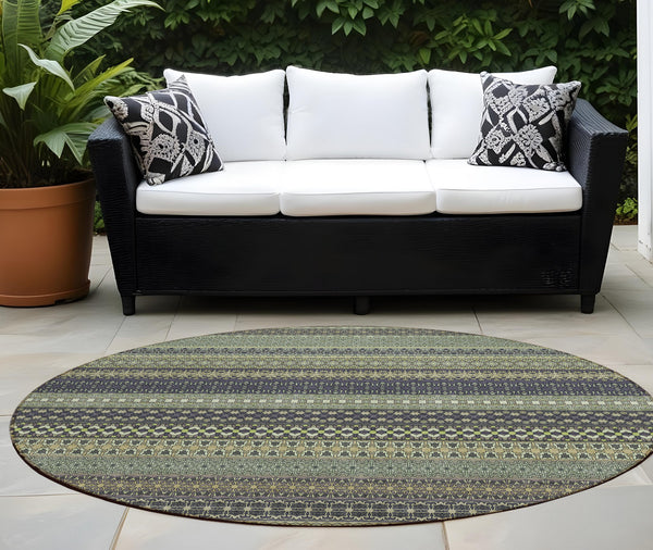 Homeroots 2' Artichoke Green Striped Washable Indoor Outdoor Runner Rug - Stylish, Stain-resistant Design 8' Round Polyester 560785