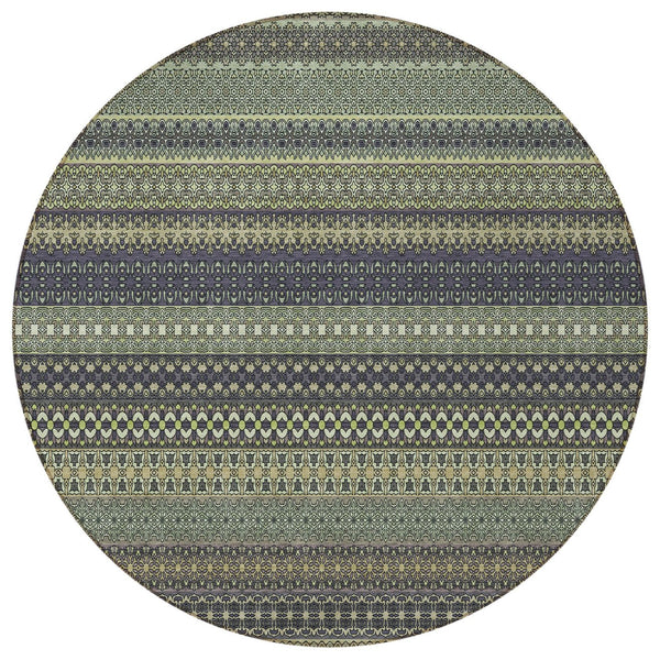 Homeroots 2' Artichoke Green Striped Washable Indoor Outdoor Runner Rug - Stylish, Stain-resistant Design 8' Round Polyester 560785