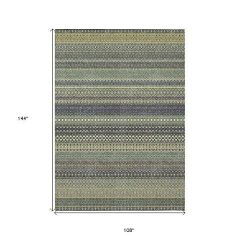 Homeroots 2' Artichoke Green Striped Washable Indoor Outdoor Runner Rug - Stylish, Stain-resistant Design 9' X 12' Polyester 560787