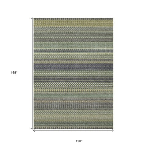 Homeroots 2' Artichoke Green Striped Washable Indoor Outdoor Runner Rug - Stylish, Stain-resistant Design 10' X 14' Polyester 560788