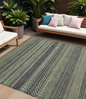 Homeroots 2' Artichoke Green Striped Washable Indoor Outdoor Runner Rug - Stylish, Stain-resistant Design 10' X 14' Polyester 560788