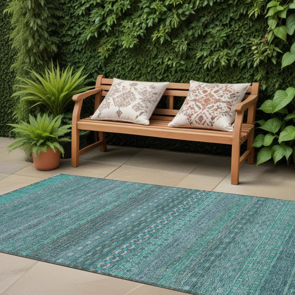Homeroots 2' X 8' Turquoise Striped Washable Indoor Outdoor Runner Rug Turquoise Polyester 560790