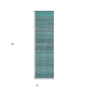 Homeroots 2' X 8' Turquoise Striped Washable Indoor Outdoor Runner Rug Turquoise Polyester 560790