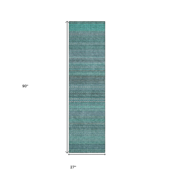 Homeroots 2' X 8' Turquoise Striped Washable Indoor Outdoor Runner Rug Turquoise Polyester 560790