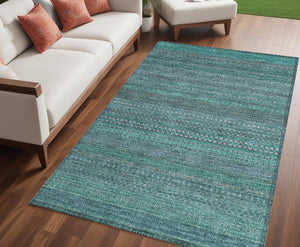 Homeroots 2' Artichoke Green Striped Washable Indoor Outdoor Runner Rug - Stylish, Stain-resistant Design 5' X 8' Polyester 560793