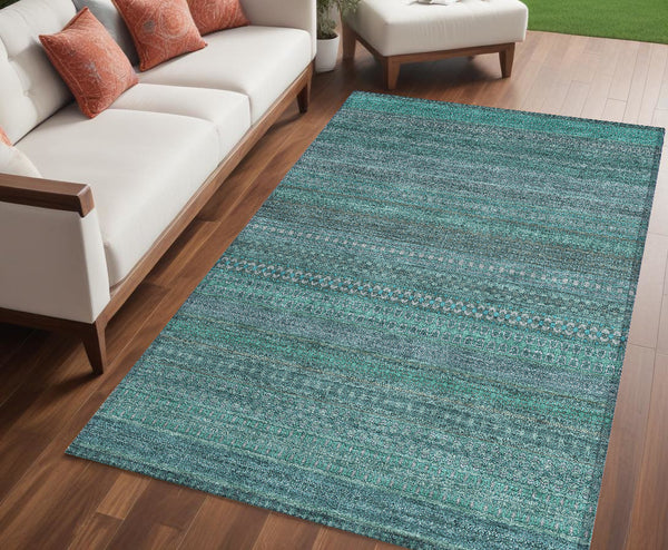Homeroots 2' Artichoke Green Striped Washable Indoor Outdoor Runner Rug - Stylish, Stain-resistant Design 5' X 8' Polyester 560793