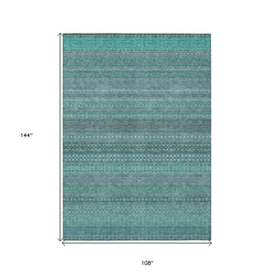 Homeroots 9' X 12' Turquoise Striped Washable Non Skid Indoor Outdoor Area Rug Turquoise Polyester 560796