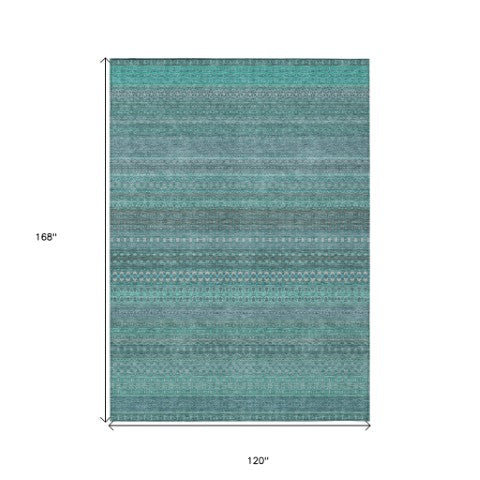 Homeroots 2' Artichoke Green Striped Washable Indoor Outdoor Runner Rug - Stylish, Stain-resistant Design 10' X 14' Polyester 560797