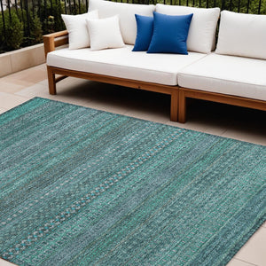 Homeroots 2' Artichoke Green Striped Washable Indoor Outdoor Runner Rug - Stylish, Stain-resistant Design 10' X 14' Polyester 560797