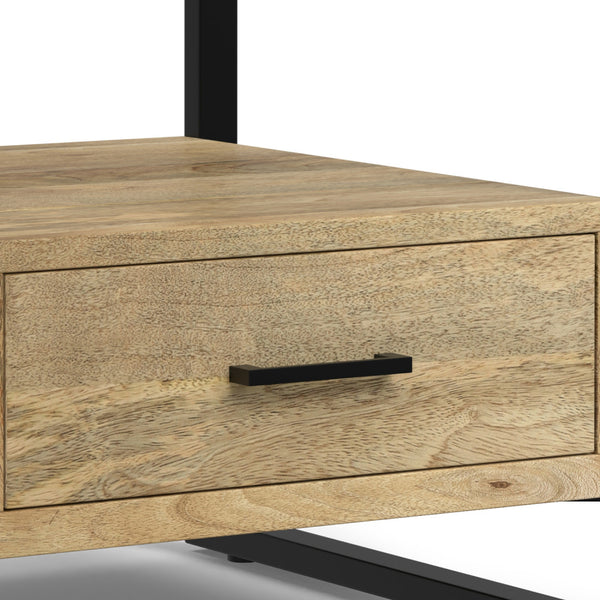 English Elm Riverside Handcrafted Mango Wood Bedside Table with Black Metal Frame, Drawer & Open Storage — Natural Finish B136P203433