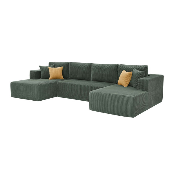 English Elm Full Corduroy Upholstered Double Chaise Sectional Lounge Ready No Tools Needed Dark Green B2748S00052
