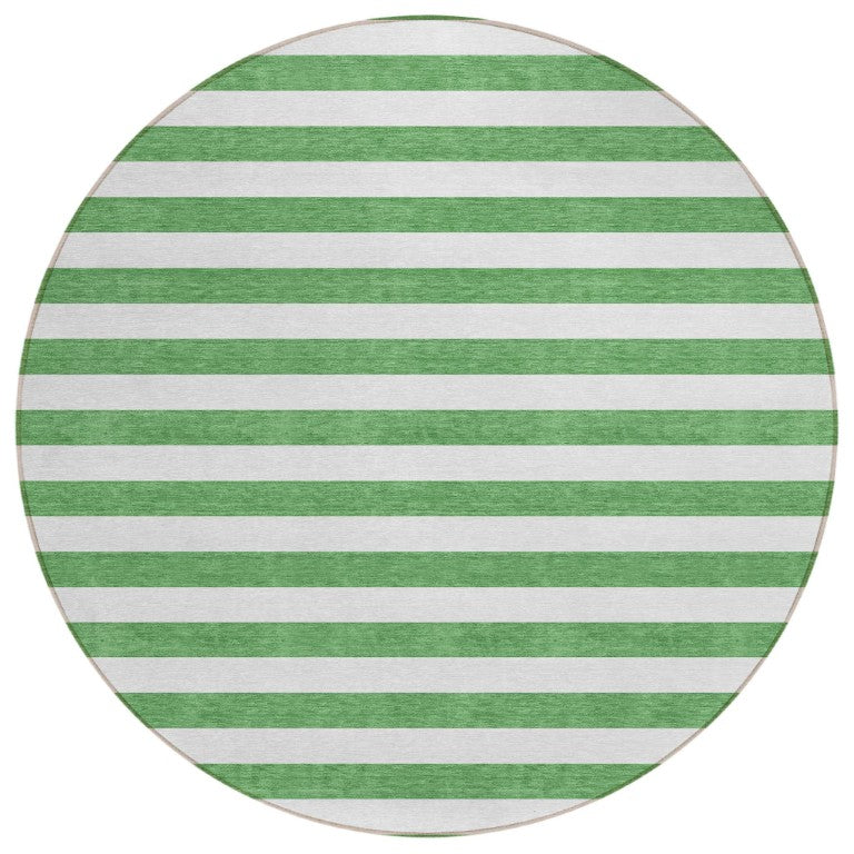 HomeRoots 8 Ft Round Striped Washable Indoor Outdoor Rug Green White Stain Resistant Patio 560848