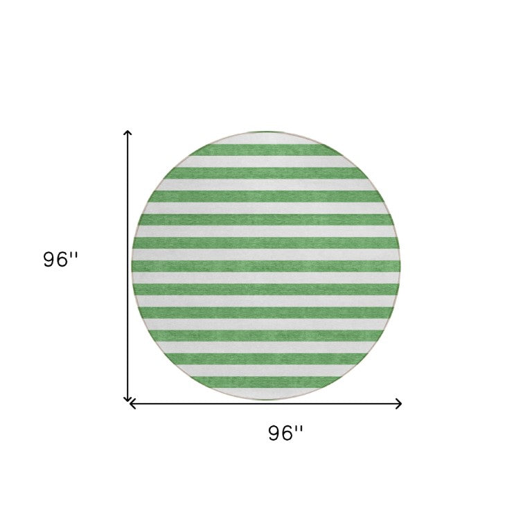 HomeRoots 8 Ft Round Striped Washable Indoor Outdoor Rug Green White Stain Resistant Patio 560848