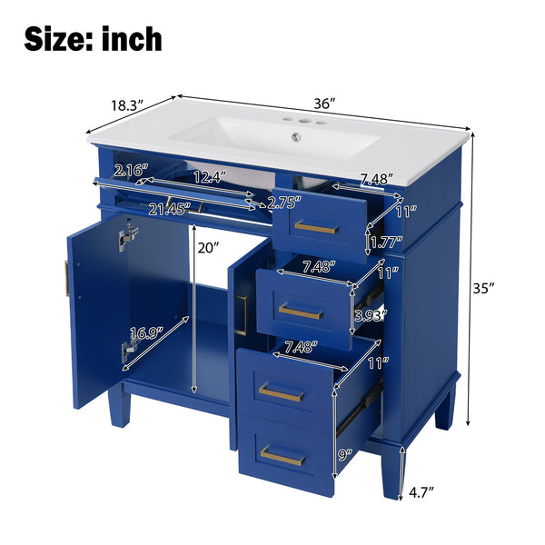 English Elm 36" Blue Modern Bathroom Vanity with Ceramic Sink, Solid Wood+MDF, Soft-Close Doors, 4 Drawers, Compact Elegance for Small Spaces N729P253935C