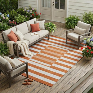 9x12 Orange Stripe Indoor Outdoor Area Rug Washable Uv Resistant Non-skid Backing
