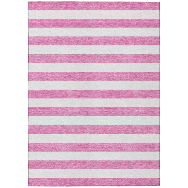 HomeRoots 5x8 Pink White Stripe Indoor Outdoor Rug Washable Non Skid Stain Resistant 560910