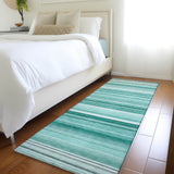 Homeroots 2' X 8' Aqua Striped Washable Indoor Outdoor Runner Rug Aqua Polyester 560988