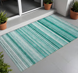 Homeroots 3' X 5' Aqua Striped Washable Indoor Outdoor Area Rug Aqua Polyester 560990