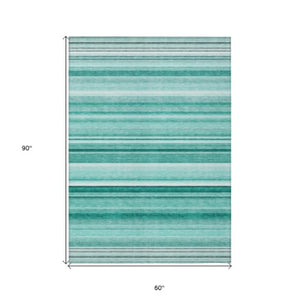 Homeroots 5' X 8' Stylish Striped Washable Indoor Outdoor Area Rug – Perfect For Kids, Pets & Easy Care Aqua Polyester 560991